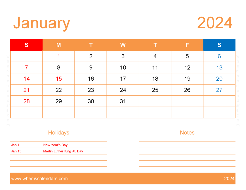 Download pdf Calendar January 2024 Letter Horizontal J4173