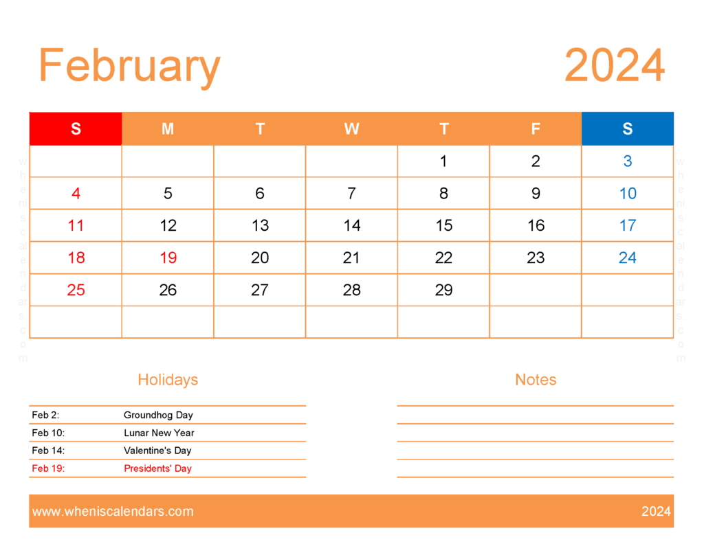 Download pdf Calendar February 2024 Letter Horizontal 24173