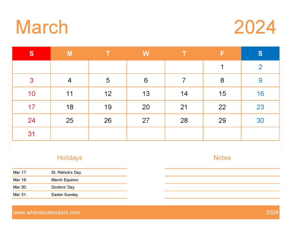Download pdf Calendar March 2024 Letter Horizontal 34173