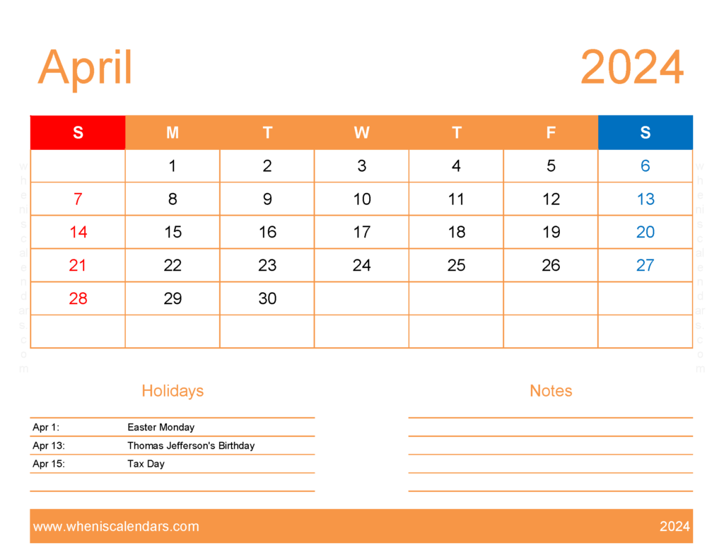 Download pdf Calendar April 2024 Letter Horizontal 44173