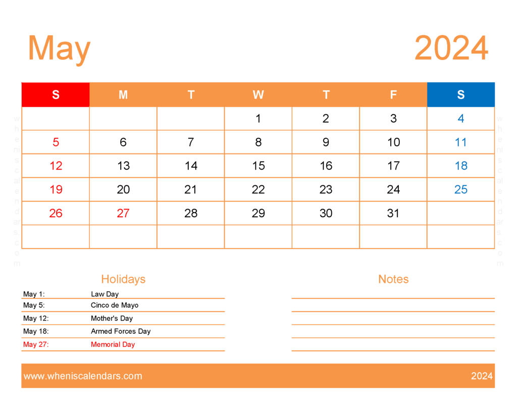 Download pdf Calendar May 2024 Letter Horizontal 54173