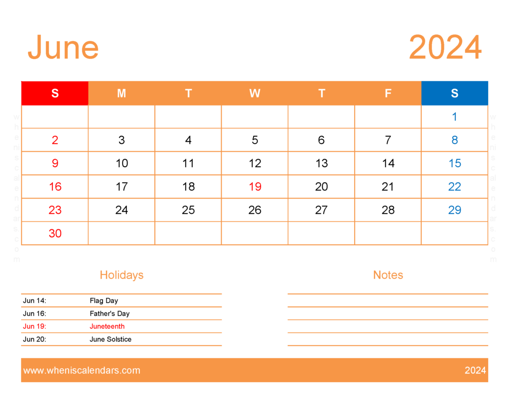Download pdf Calendar June 2024 Letter Horizontal 64173