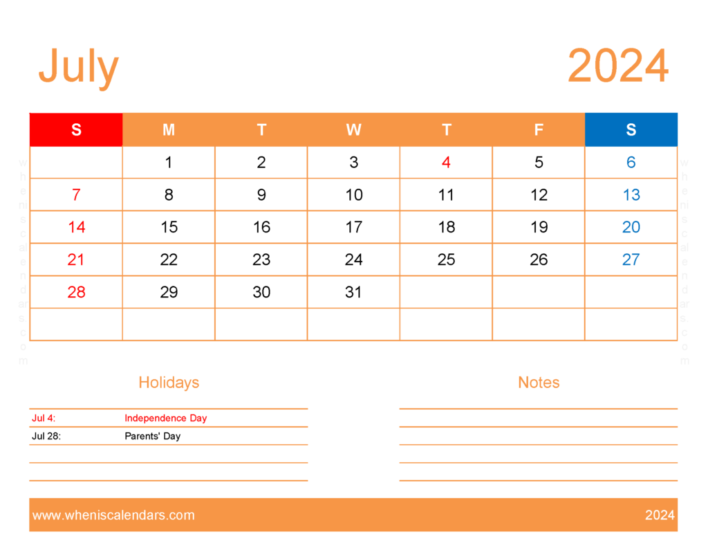 Download pdf Calendar July 2024 Letter Horizontal 74173