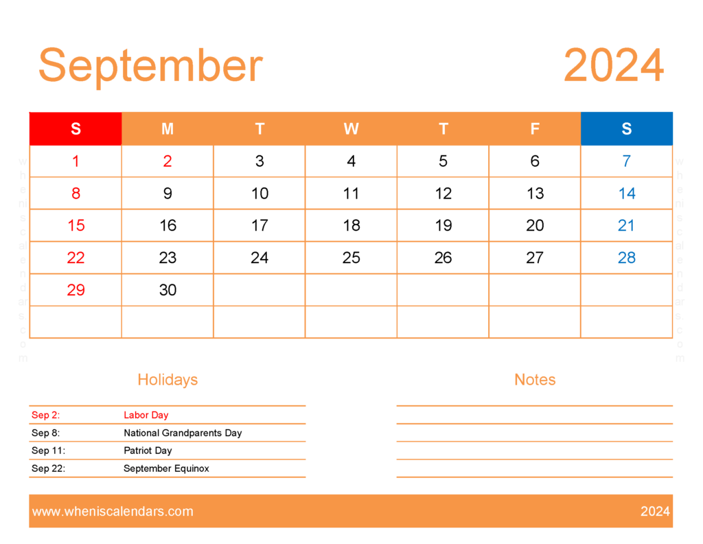 Download pdf Calendar September 2024 Letter Horizontal 94173