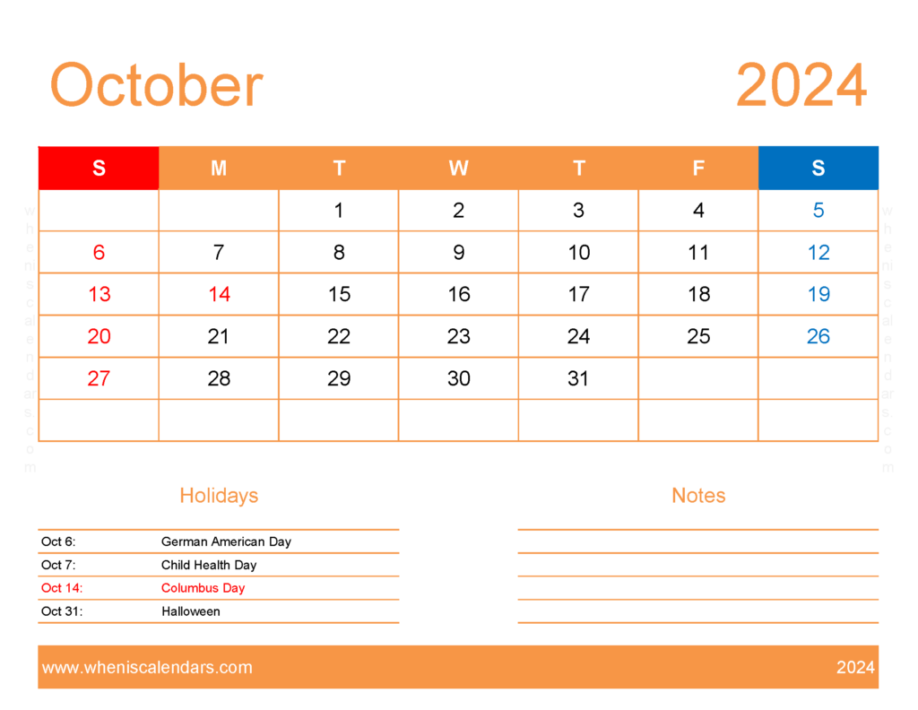 Download pdf Calendar October 2024 Letter Horizontal 104173