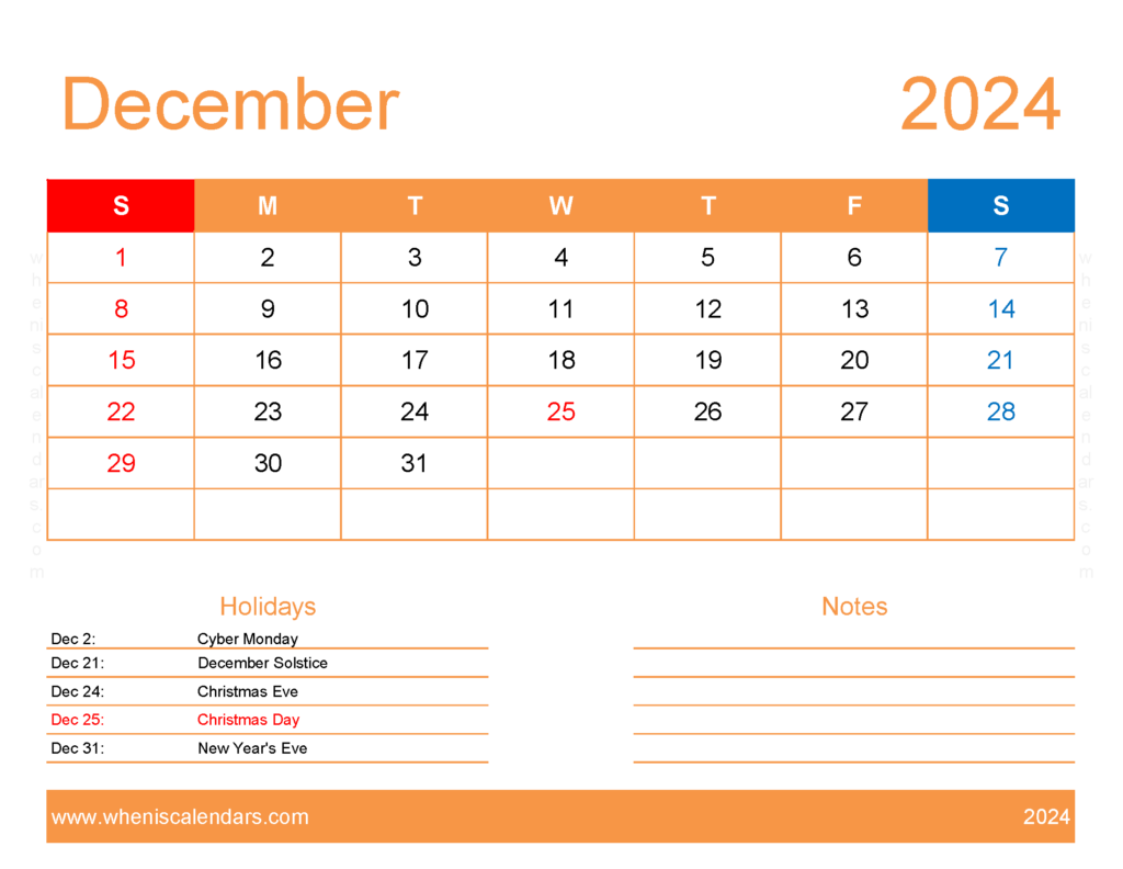 Download pdf Calendar December 2024 Letter Horizontal 124173