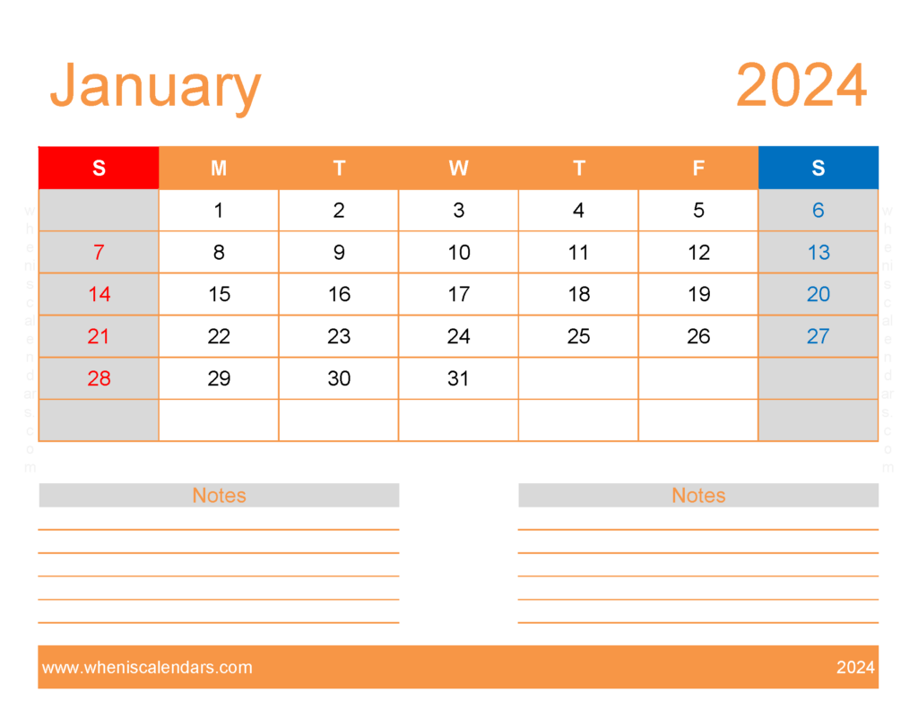 Download Free Printable monthly Calendar Jan 2024 Letter Horizontal J4254