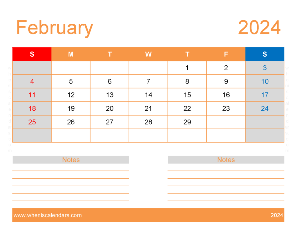 Download Free Printable monthly Calendar Feb 2024 Letter Horizontal 24254