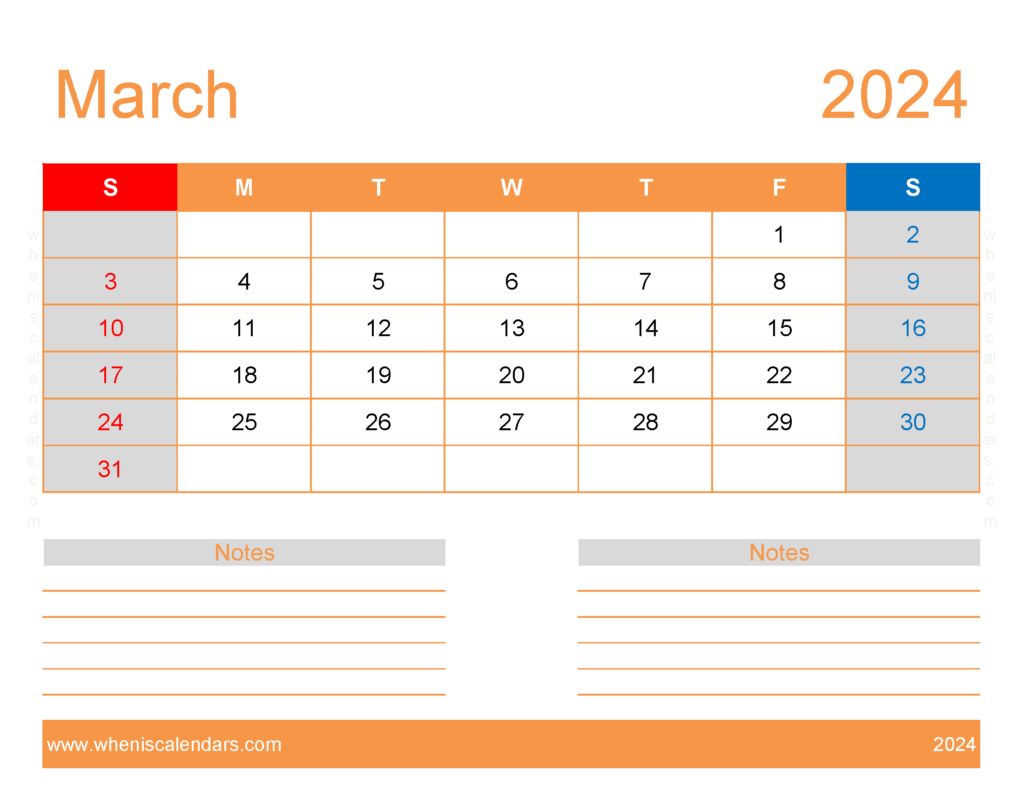 Download Free Printable monthly Calendar Mar 2024 Letter Horizontal 34254