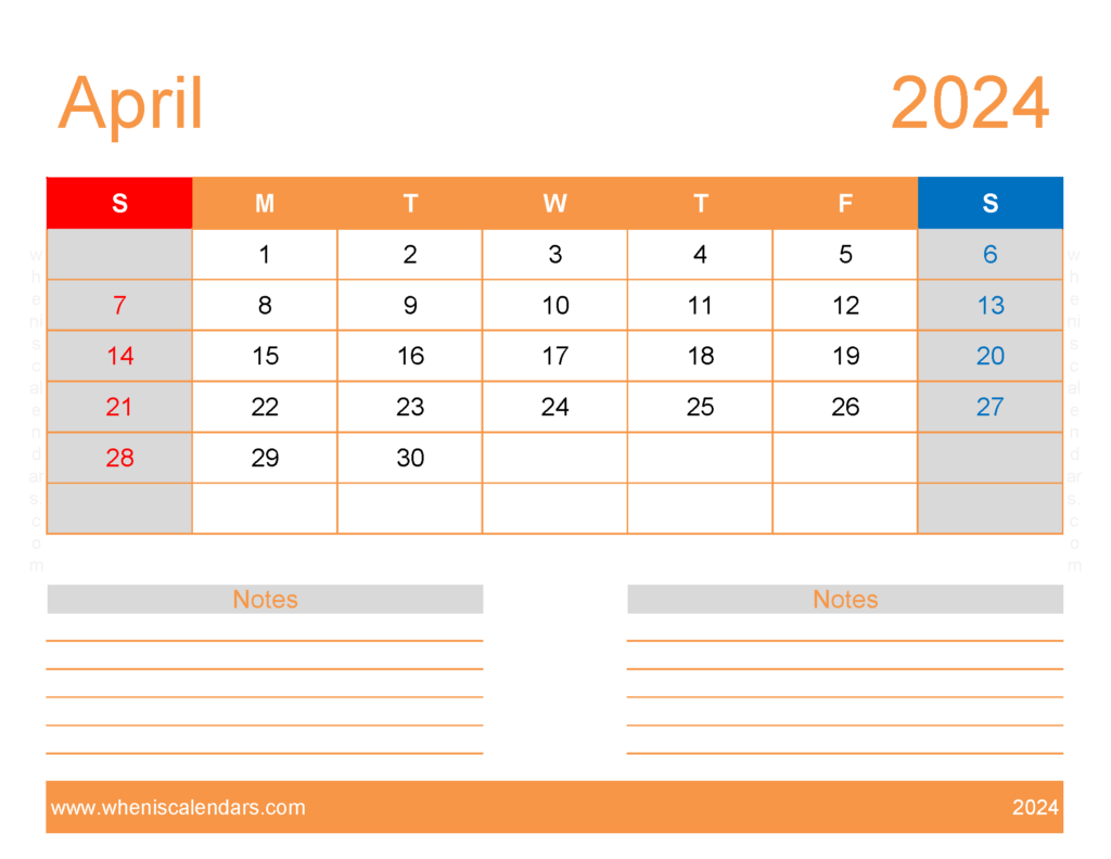 Download Free Printable monthly Calendar Apr 2024 Letter Horizontal 44254
