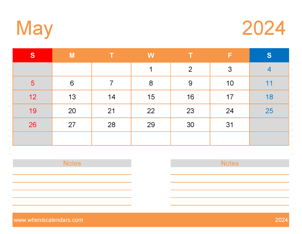 Download Free Printable monthly Calendar May 2024 Letter Horizontal 54254