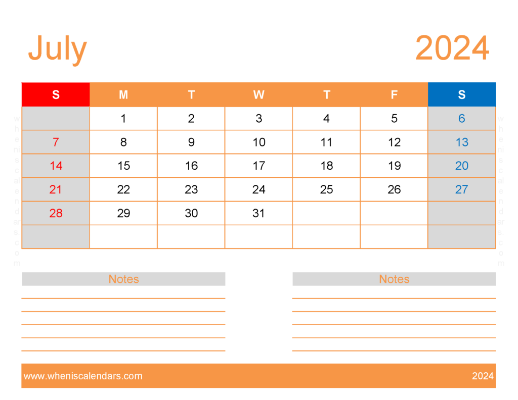 Download Free Printable monthly Calendar Jul 2024 Letter Horizontal 74254