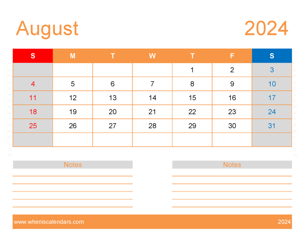 Download Free Printable monthly Calendar Aug 2024 Letter Horizontal 84254