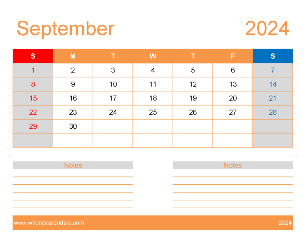 Download Free Printable monthly Calendar Sept 2024 Letter Horizontal 94254