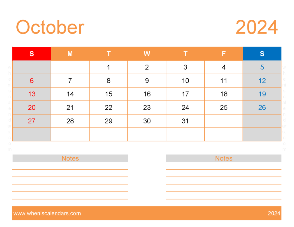Download Free Printable monthly Calendar Oct 2024 Letter Horizontal 104254