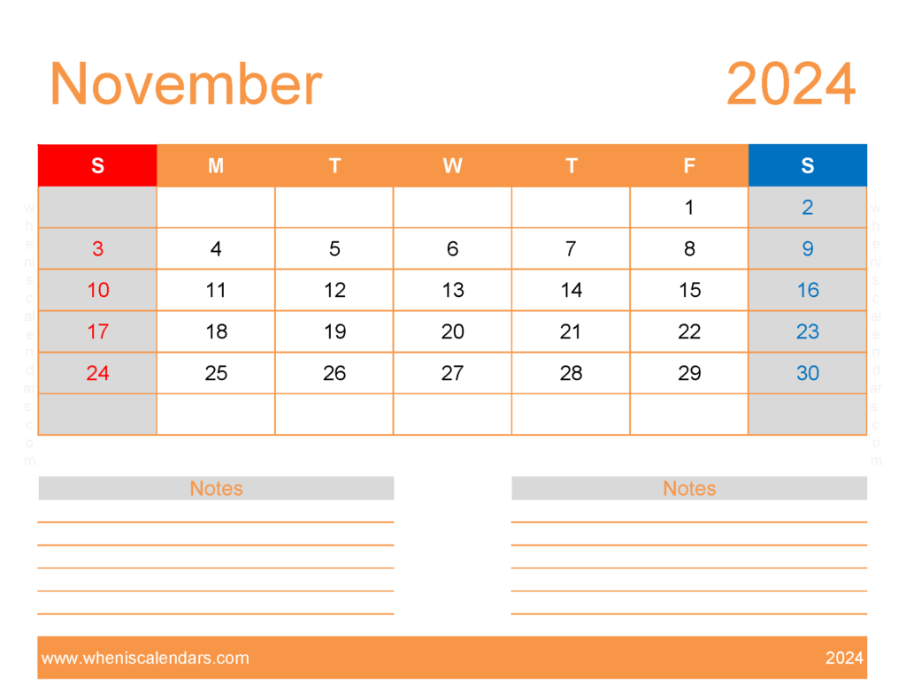 Download Free Printable monthly Calendar Nov 2024 Letter Horizontal 114254