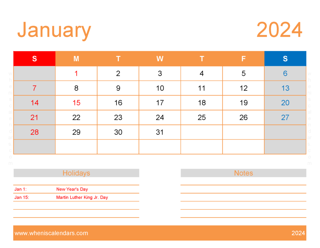 Download January excel Calendar 2024 Letter Horizontal J4174