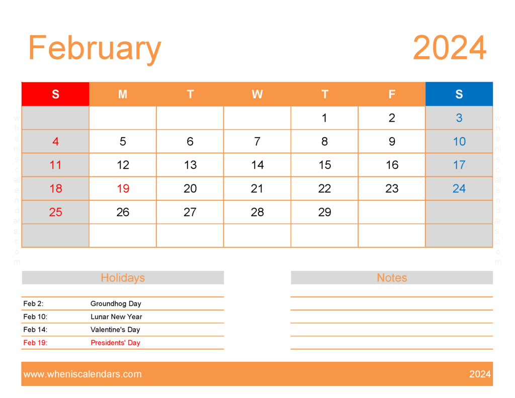 Download February excel Calendar 2024 Letter Horizontal 24174