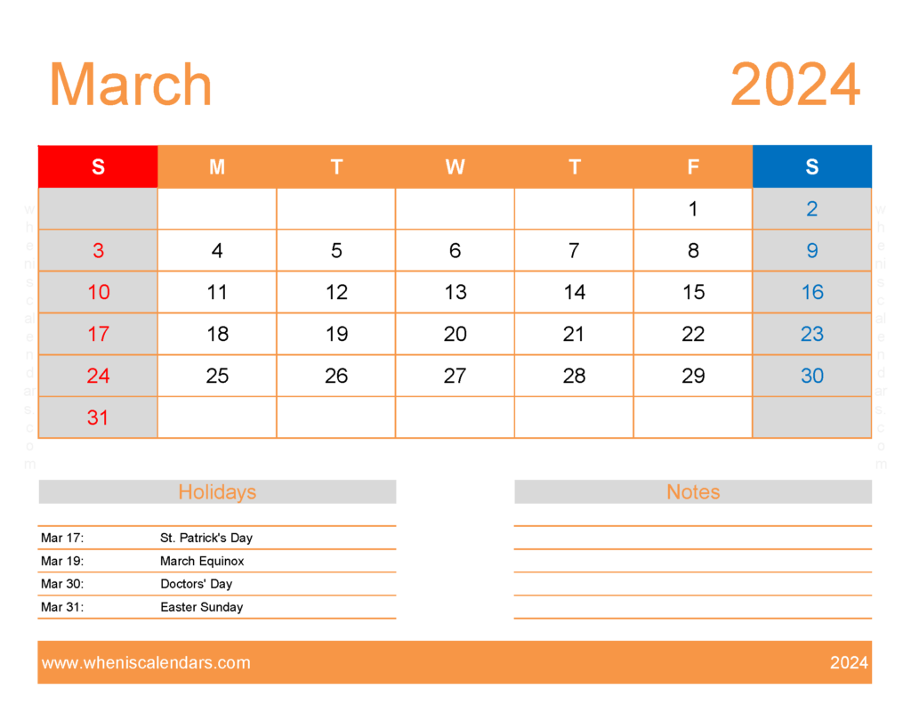 Download March excel Calendar 2024 Letter Horizontal 34174