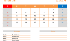 March Excel Calendar 2024 M3174