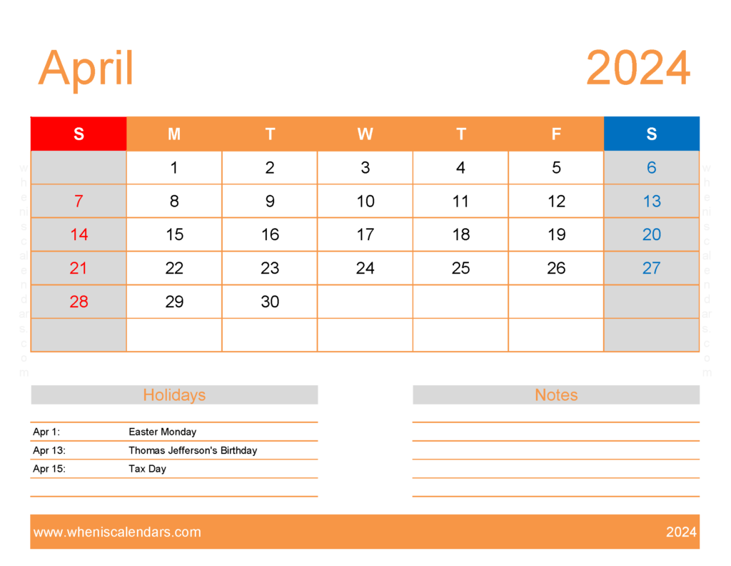 Download April excel Calendar 2024 Letter Horizontal 44174