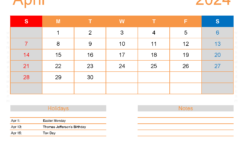 April Excel Calendar 2024 A4174