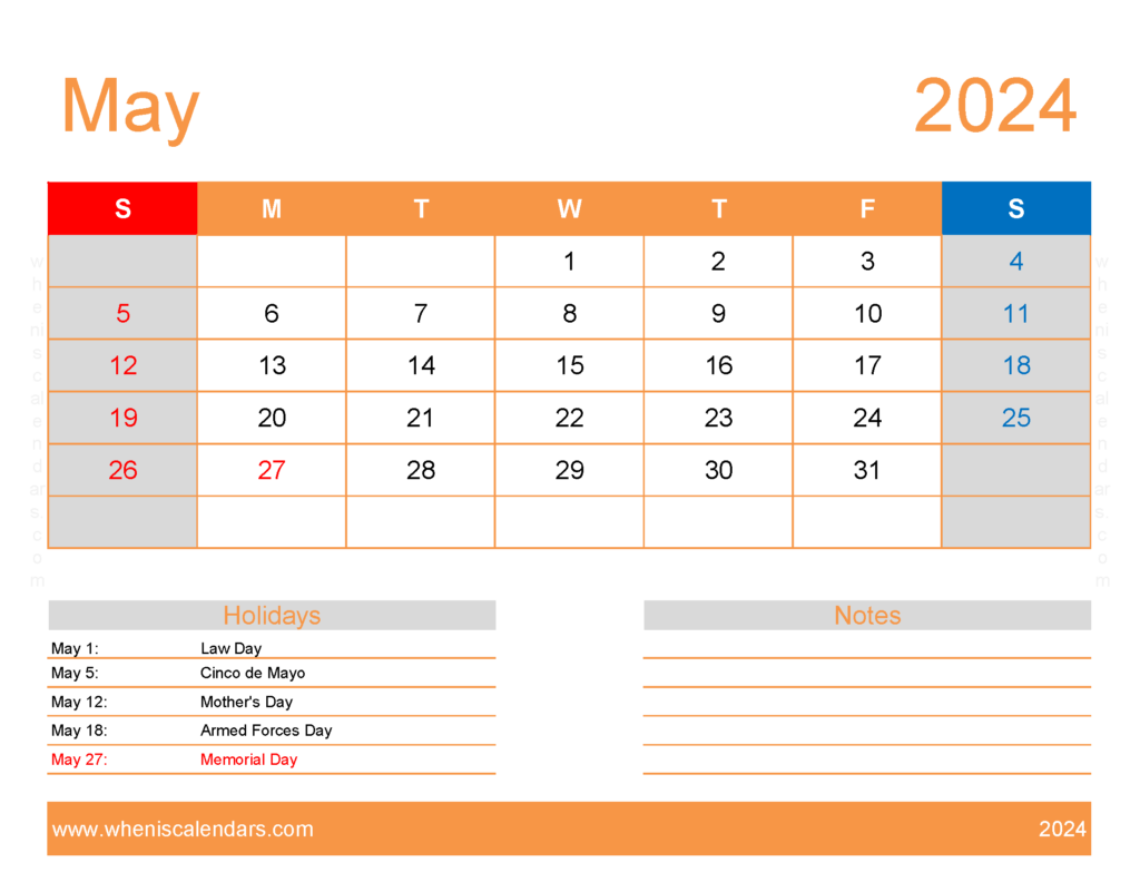 Download May excel Calendar 2024 Letter Horizontal 54174