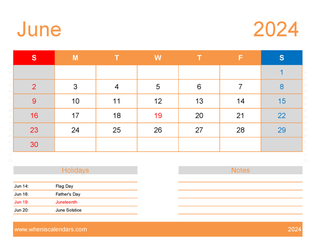 Download June excel Calendar 2024 Letter Horizontal 64174