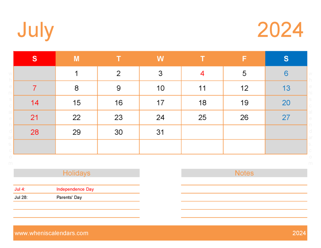 Download July excel Calendar 2024 Letter Horizontal 74174