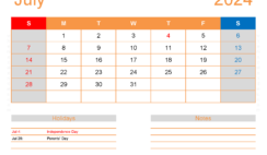 July Excel Calendar 2024 J7174