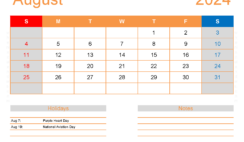 August Excel Calendar 2024 A8174