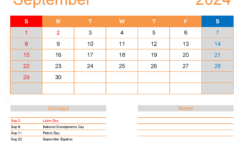 September Excel Calendar 2024 S9174