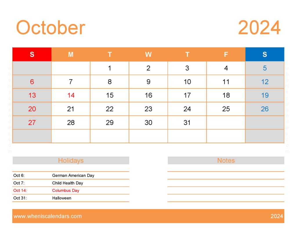 Download October excel Calendar 2024 Letter Horizontal 104174