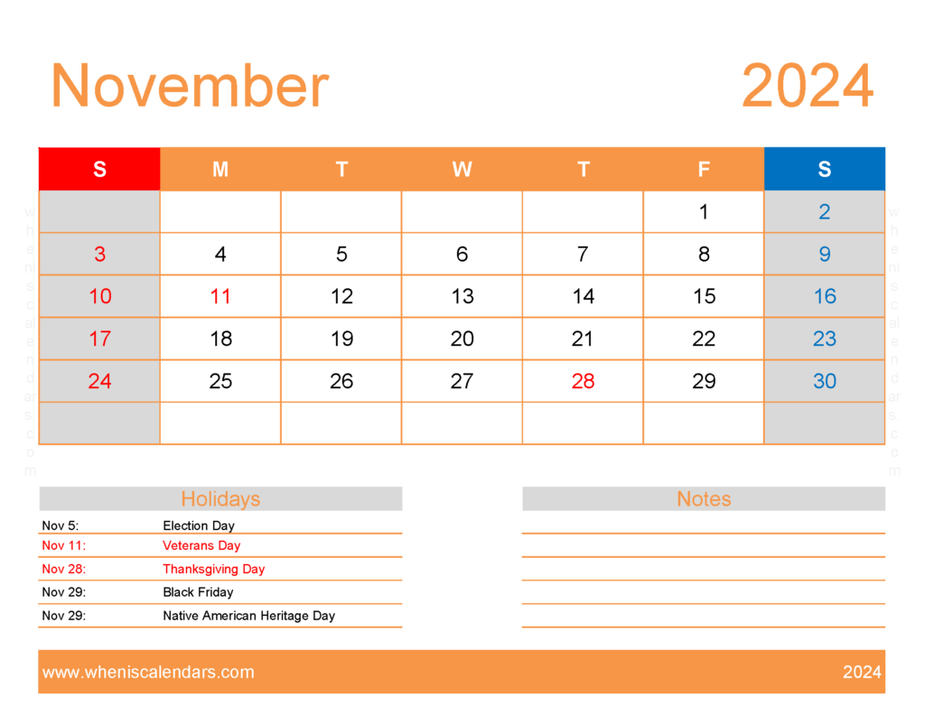 Download November excel Calendar 2024 Letter Horizontal 114174