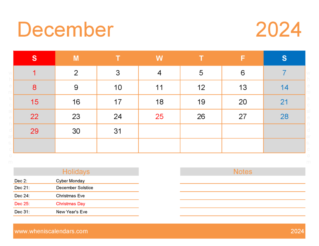 Download December excel Calendar 2024 Letter Horizontal 124174