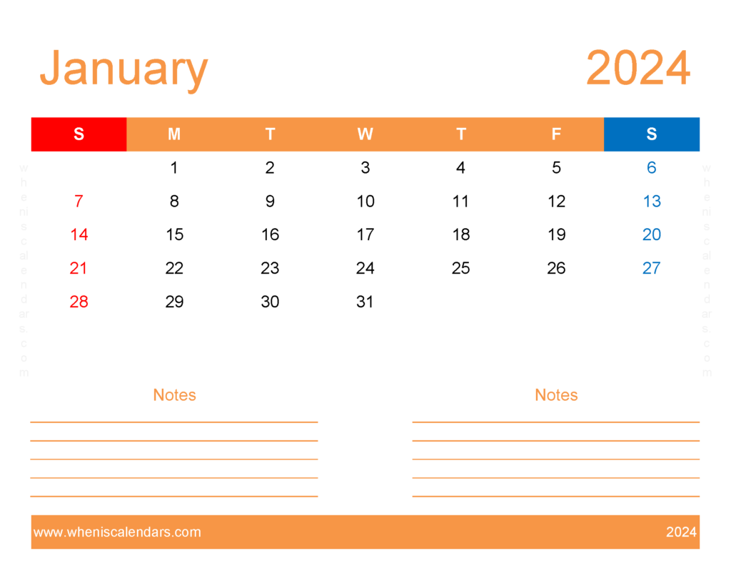 Download Printable month of January 2024 Letter Horizontal J4255