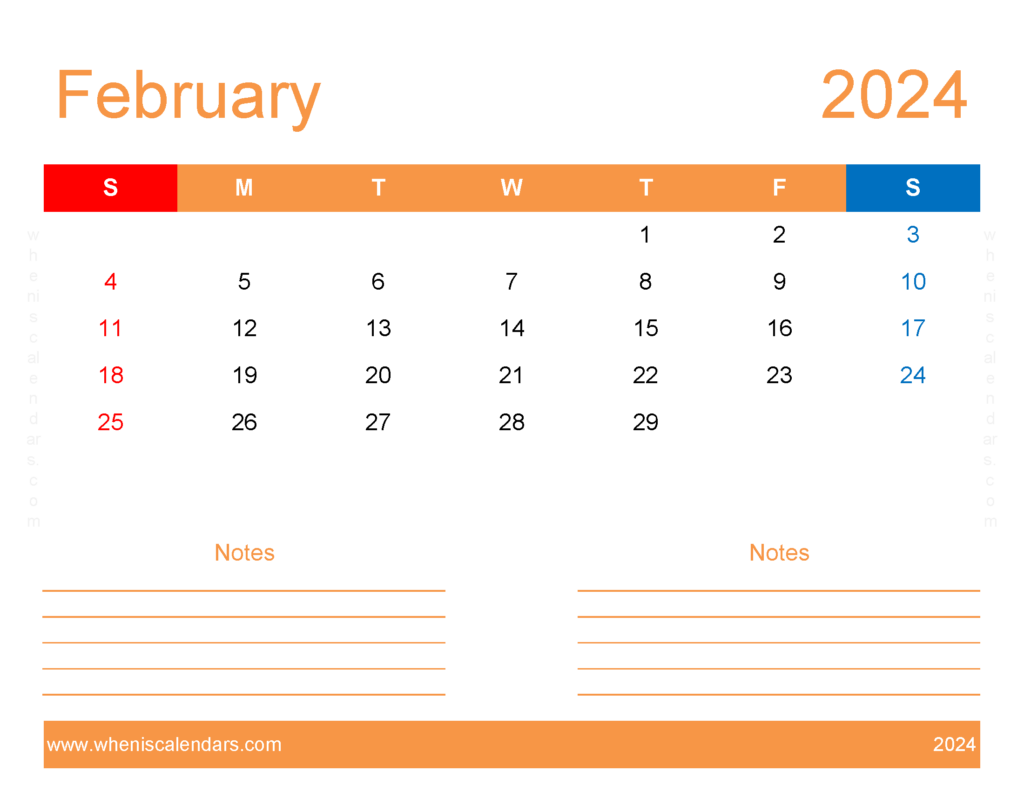 Download Printable month of February 2024 Letter Horizontal 24255