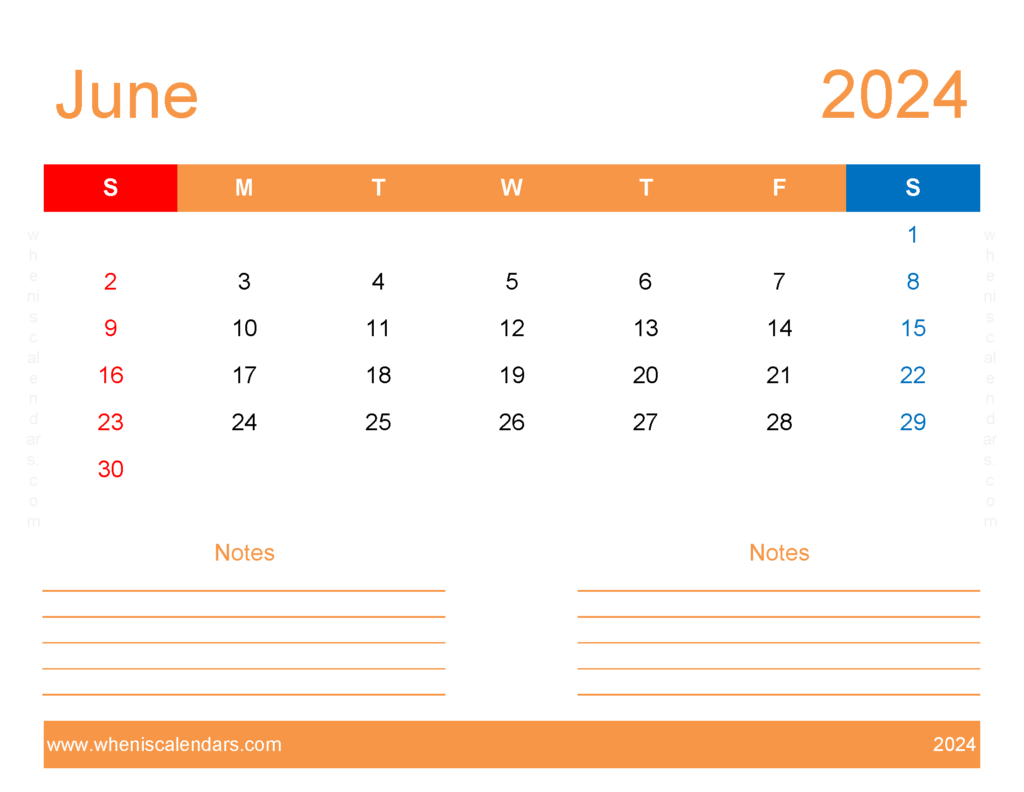 Download Printable month of June 2024 Letter Horizontal 64255