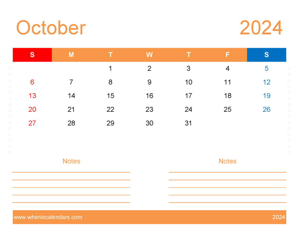 Download Printable month of October 2024 Letter Horizontal 104255