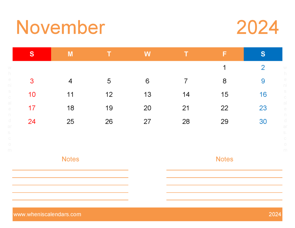 Download Printable month of November 2024 Letter Horizontal 114255