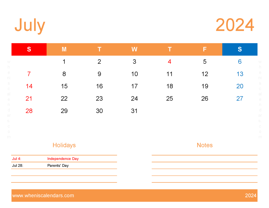 Download Printable Free July 2024 Calendar Letter Horizontal 74175