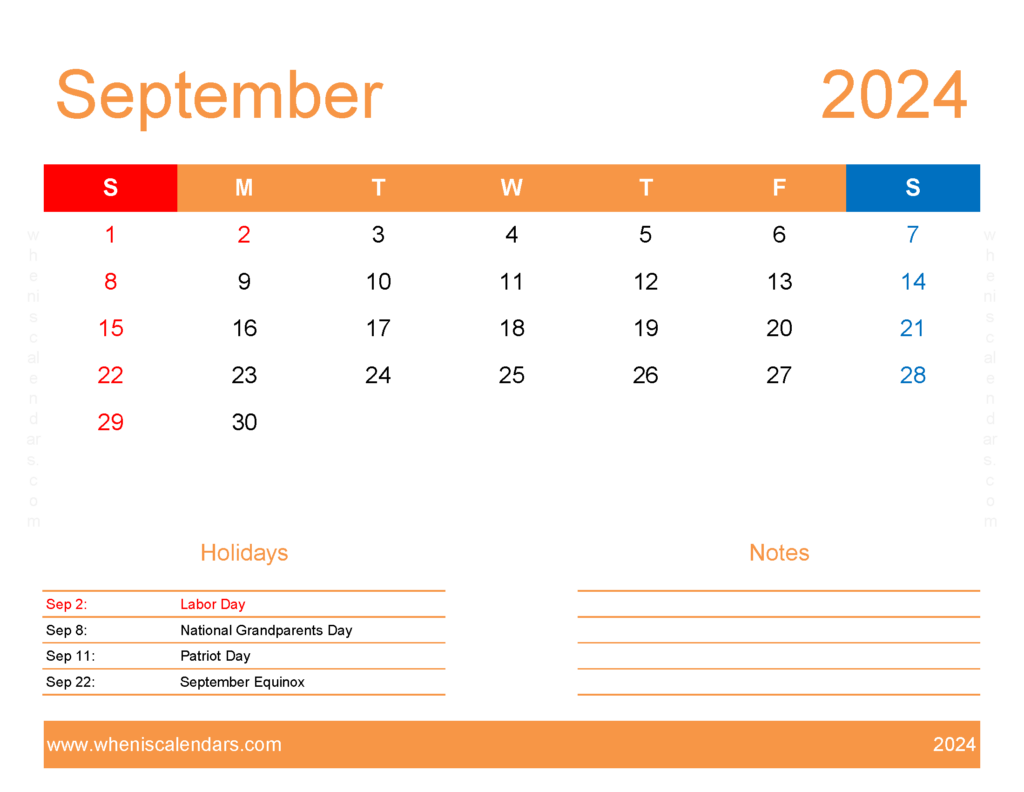 Download Printable Free September 2024 Calendar Letter Horizontal 94175