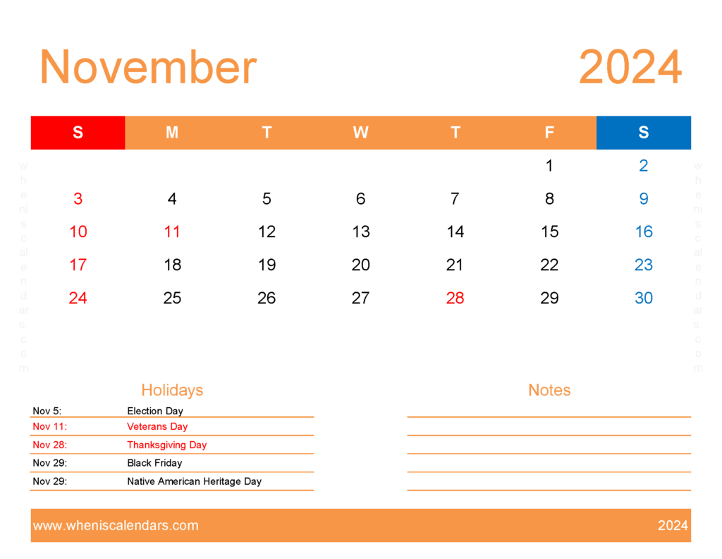 Download Printable Free November 2024 Calendar Letter Horizontal 114175