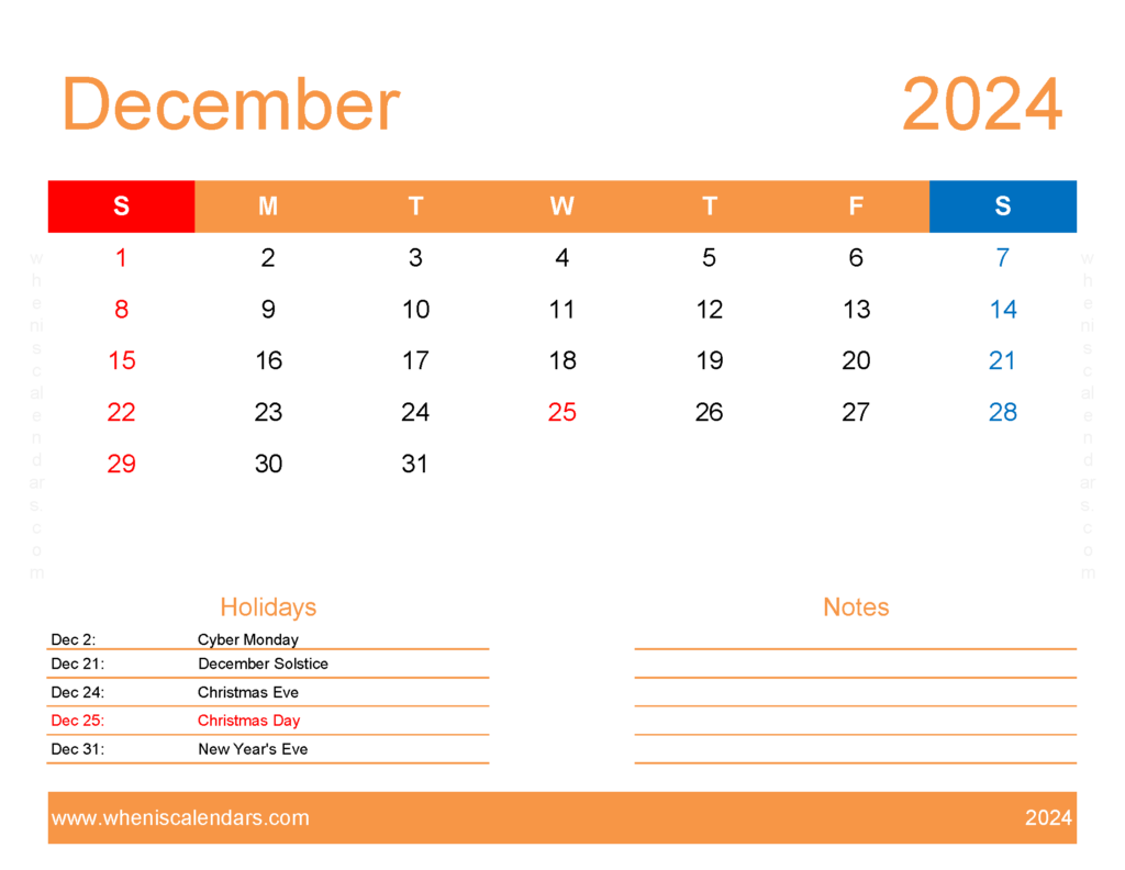 Download Printable Free December 2024 Calendar Letter Horizontal 124175