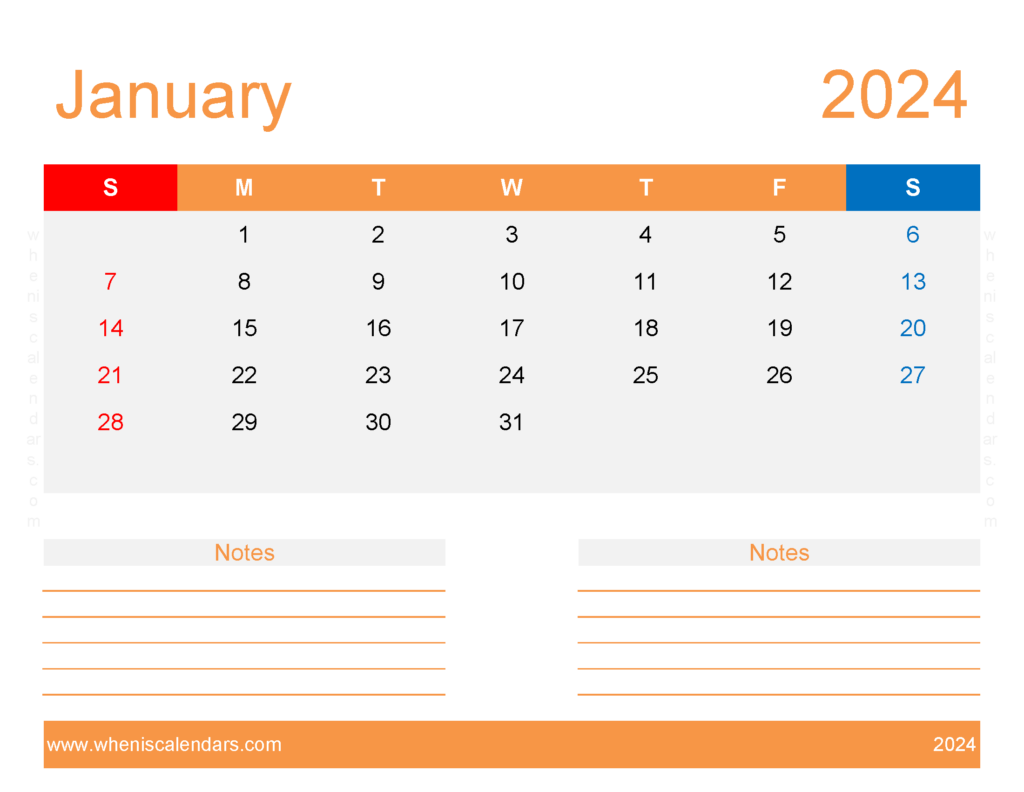 Download Blank January 2024 Calendar editable Letter Horizontal J4256