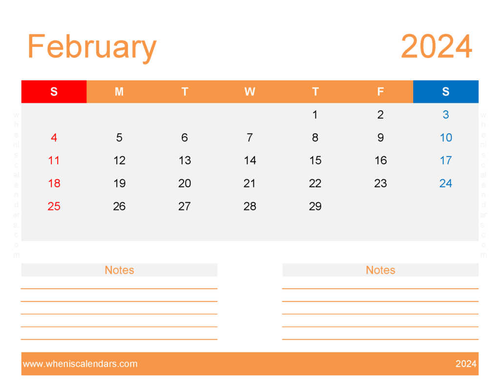 Download Blank February 2024 Calendar editable Letter Horizontal 24256