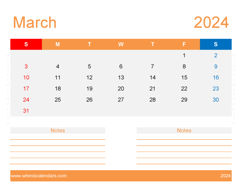 Download Blank March 2024 Calendar editable Letter Horizontal 34256