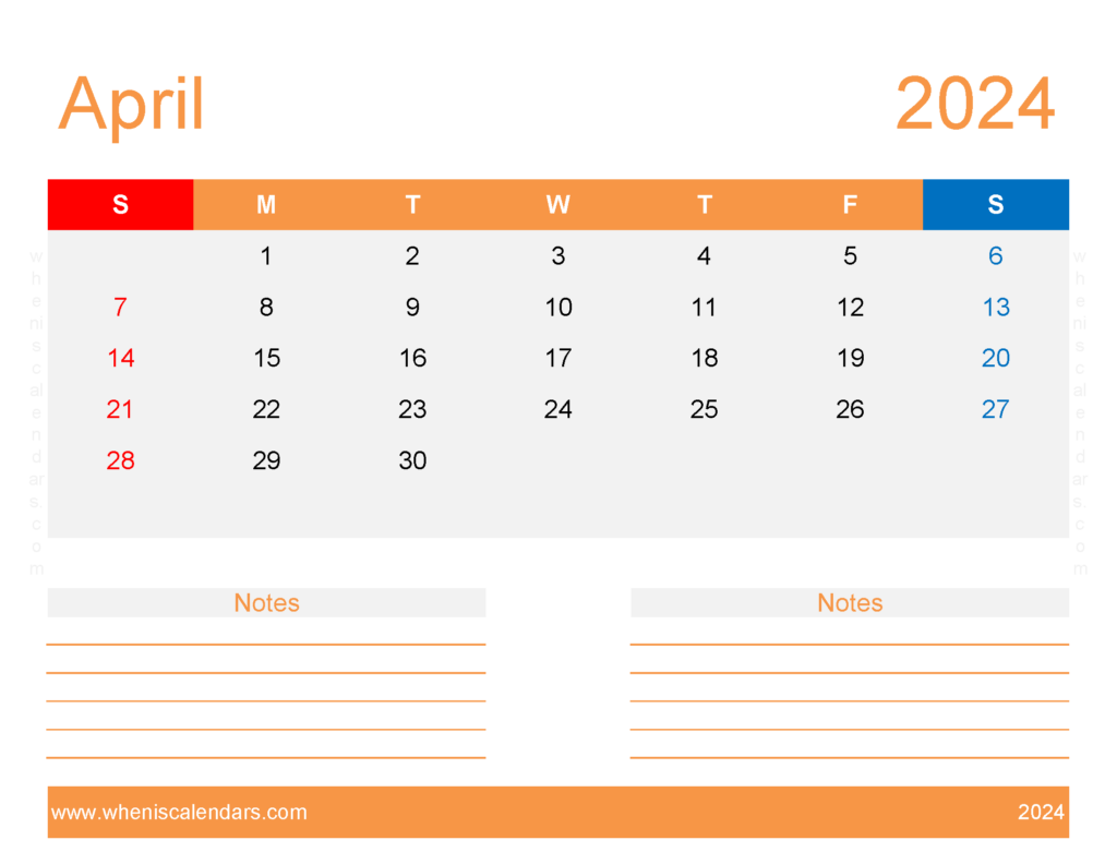 Download Blank April 2024 Calendar editable Letter Horizontal 44256