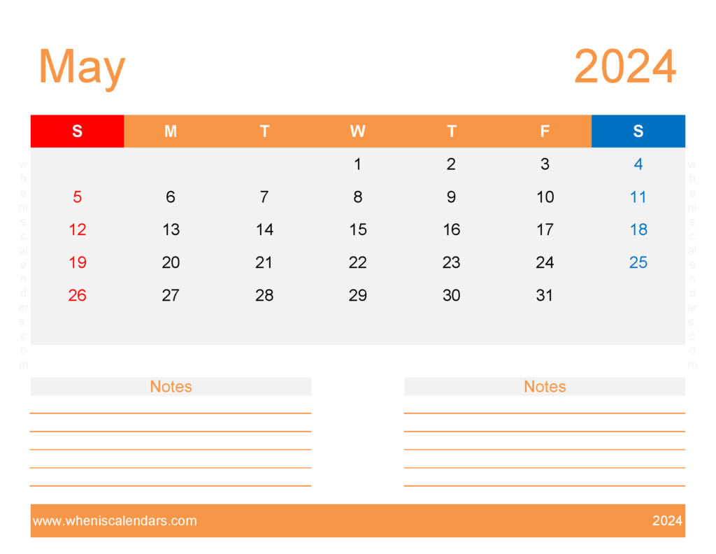 Download Blank May 2024 Calendar editable Letter Horizontal 54256