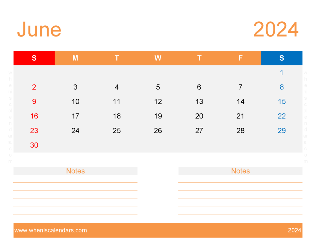 Download Blank June 2024 Calendar editable Letter Horizontal 64256